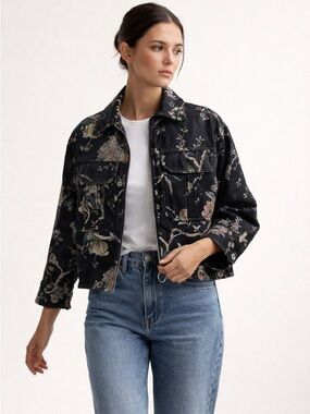 H&M Black Floral Denim Jacket Oversized Cropped Statement Botanical Print